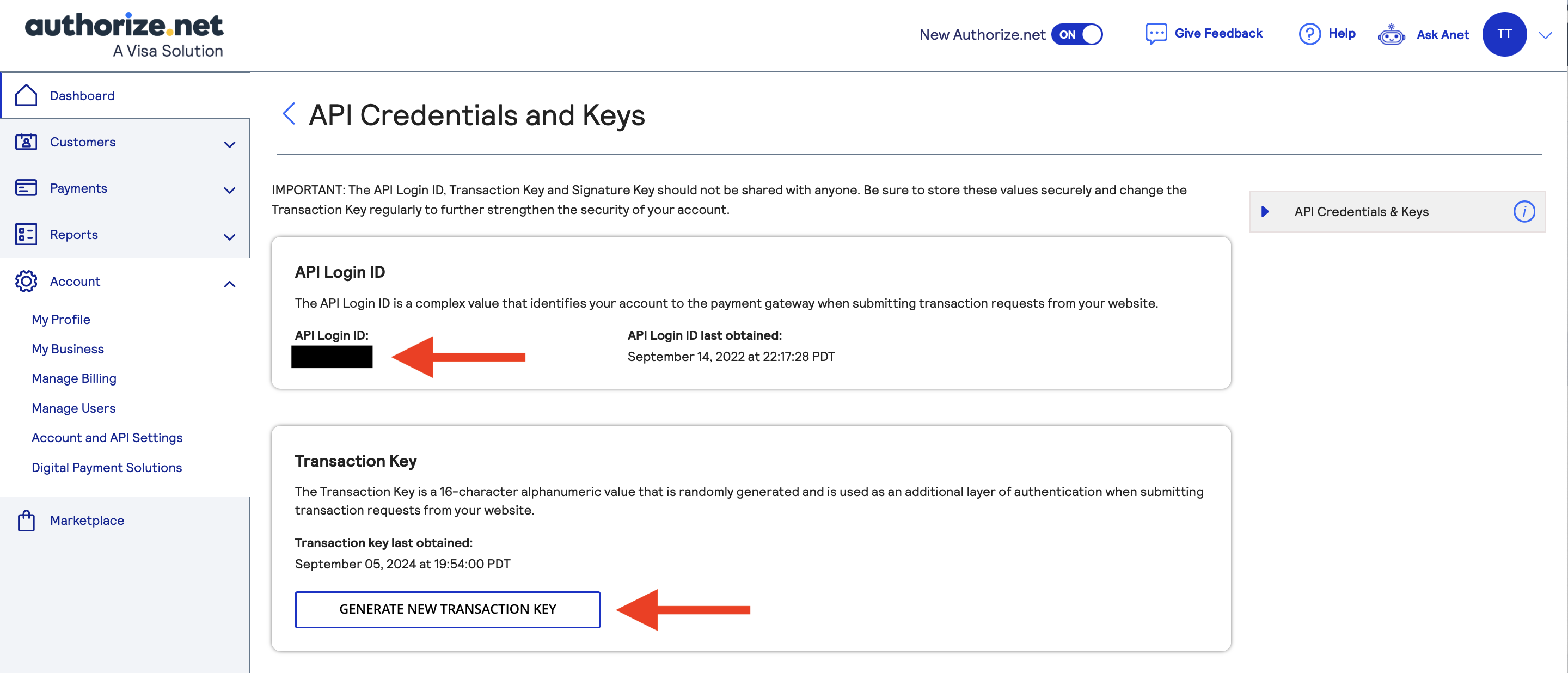 Authorize.net API Login ID and Transaction Key 3.4.26