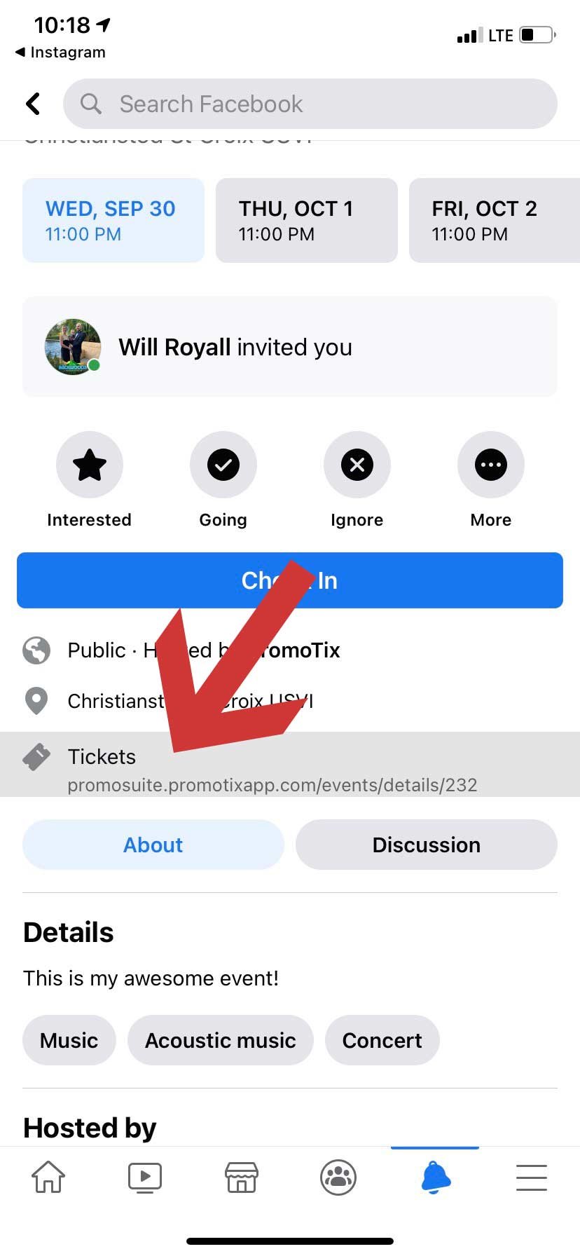 Facebook Mobile Event Page Ticket Link