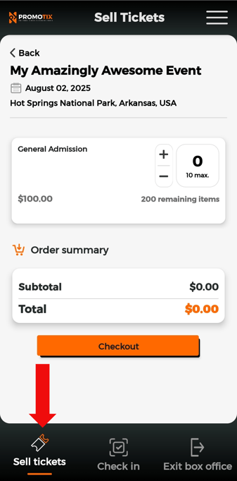 Mobile App Sell Tickets tab