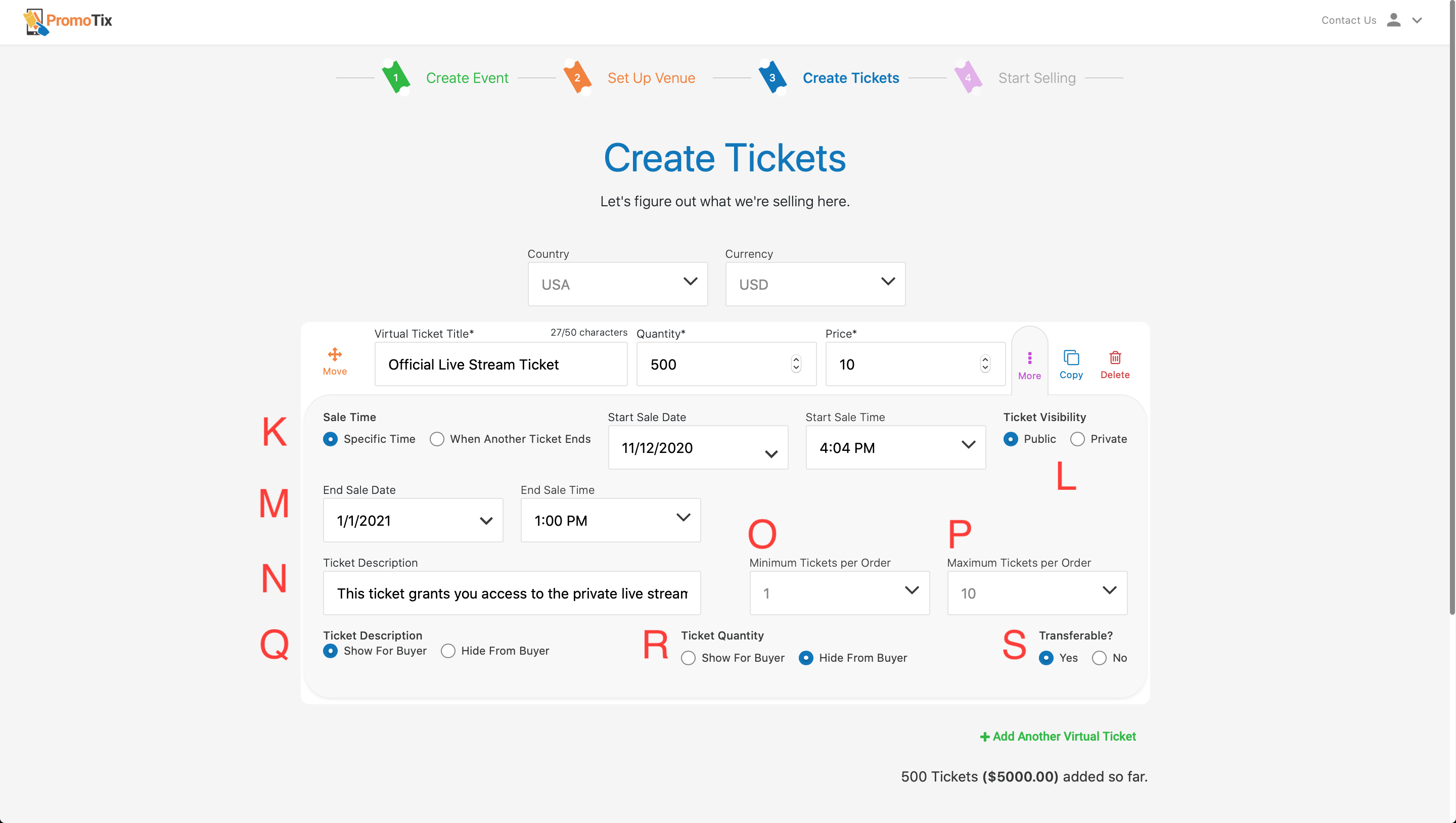 PromoStream Secured Create Tickets Additional Settings