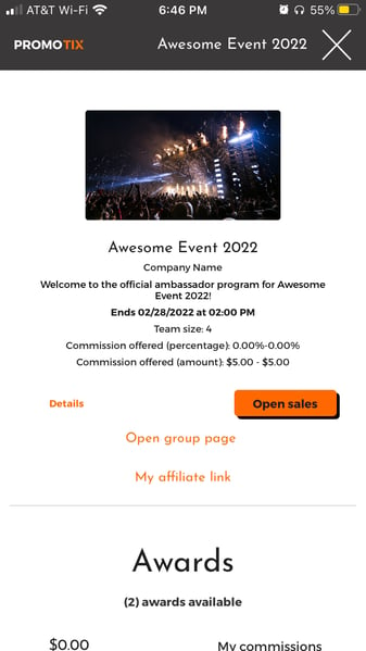 PromoTix Ambassador view active program
