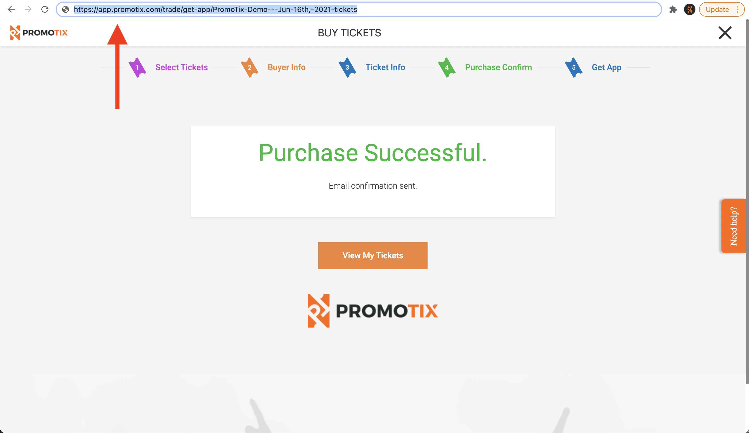 PromoTix Purchase Successful Screen