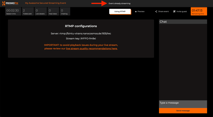 PromoTix Secured Live Streaming Event Already Streaming