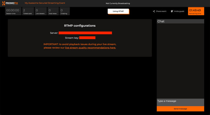 PromoTix Secured Live Streaming View RTMP Details